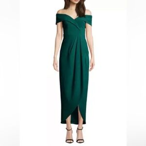 Xscape Off-the-Shoulder Sweetheart Crepe Midi Dress Emerald Green - Size 0